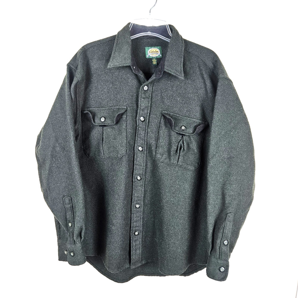 Cabelas Shirt Men's Green Wool Long Sleeve Button Camp Hiking Hunting Sz. L